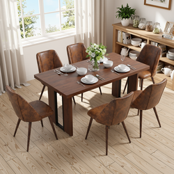 Homy Casa SORIAN+KALI 7PC Dining Set 63" Table with 6 KALI Suede Brown Walnut-Leg Chairs for Kitchen & Dining Room
