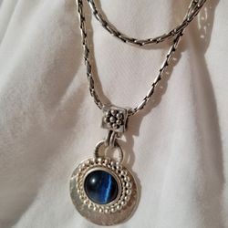 Costume Jewelry 32.75" Silver Plated Pendant Blue Tiger Eye Long Necklace 