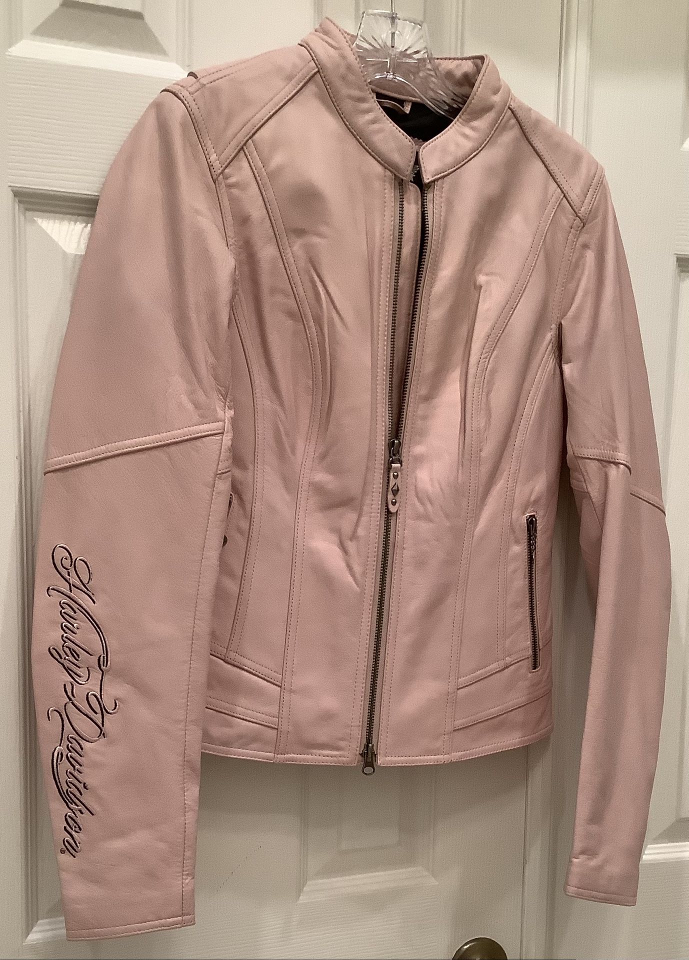Motorcycle Harley Davidson Pink Leather Jacket Signed On Sleeve Laces On Back, Hardly Used Very Rare  Size Small 