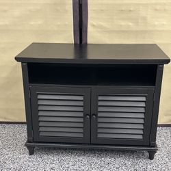 Black Wooden Storage Cabinet with Louvered Doors – Modern & Versatile