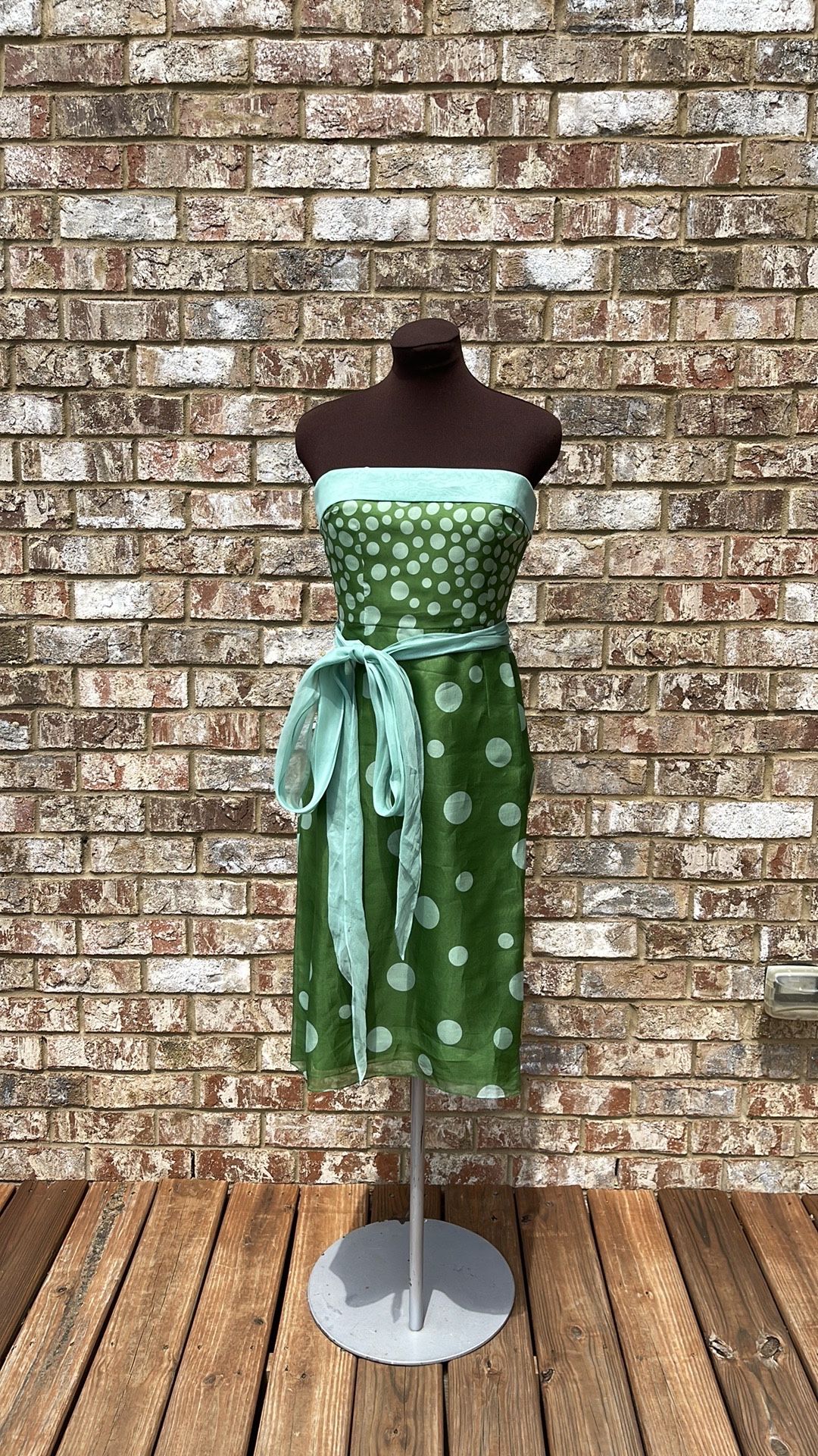 Kay Unger Corset Polka Dots Green Belted 100% Silk Strapless Dress Size 4