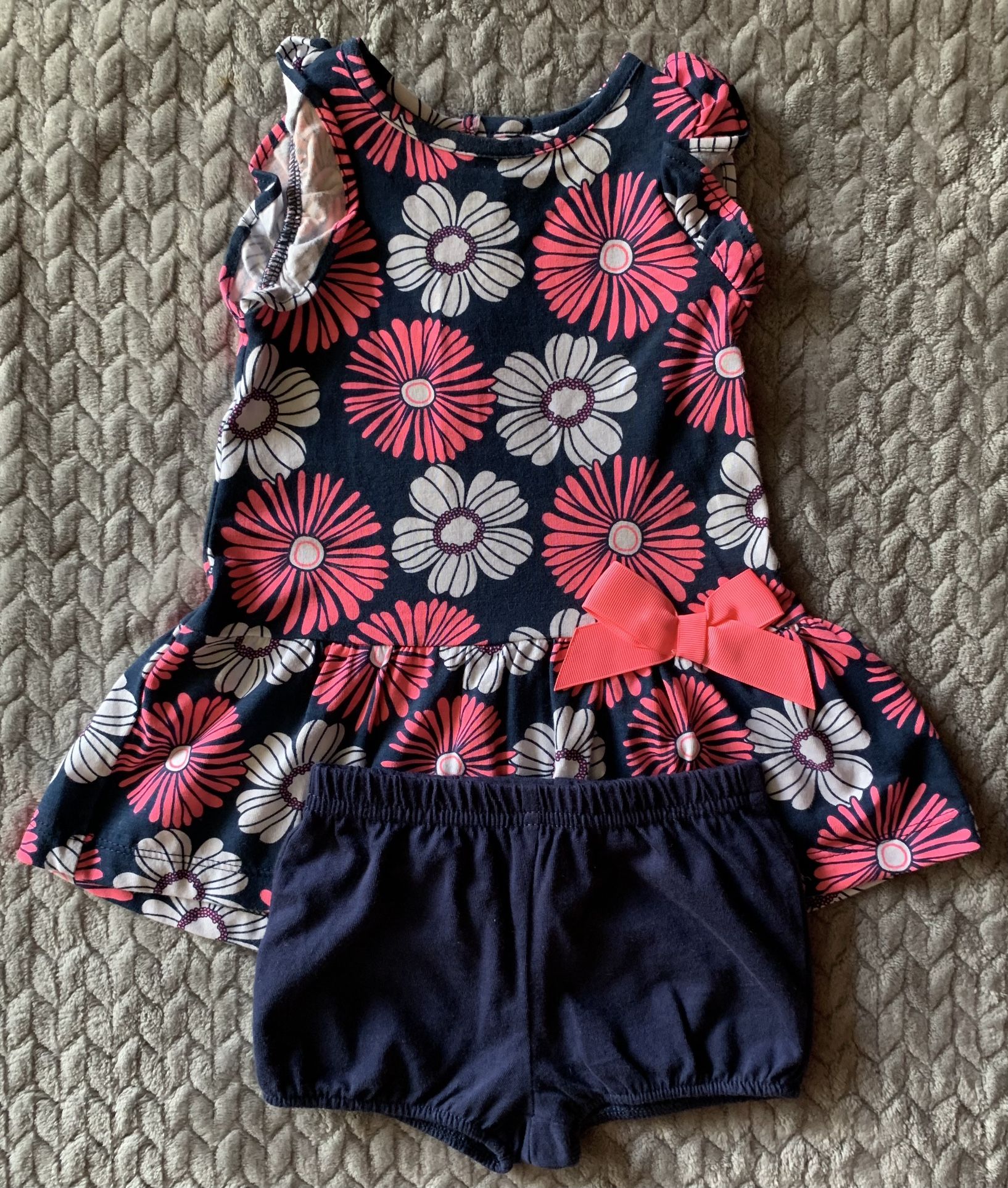 Navy Blue and Pink Flower Print 2-Piece Dress and Pants from Carters in 6M