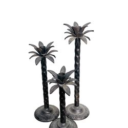 Vintage Metal Palm Tree Candlestick Holders Set 3 Home Tropical Mid Century