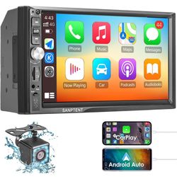 SANPTENT Double Din Car Stereo with Wireless Apple CarPlay & Android Auto, 7-Inch FHD Touchscreen Car Audio Receiver with Rear Camera, Subwoofer, Car 