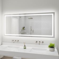 ES-DIY Dualuxe 72-in x 32-in Polished Frameless Rectangle Dimmable LED Lighted Fog Free Bathroom