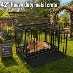 42"  Heavy Duty Dog Crate, Dog Cage Kennel, Indestructible, Dual Doors & Easy-Clean Removable Tray
