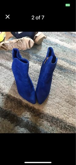 Women blue mid calf heel booties