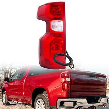 Driver Side Tail Light Chrome Red Lens with Wiring Harness Compatible with 2019-2023 Chevy Silverado 1HD 3500HD OE Style Left Rear Taillight B