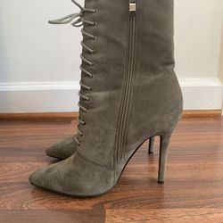 Aaliyah Olive Green Suede Lace Up Pointed Stiletto Boots Simmi Shoe/boots Size 7