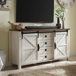 OKD 60" Farmhouse TV Stands 4 Drawers Dresser Modern Wood Rustic Chest Organizer with Sliding Barn Doors for Bedroom Living Room, Antique White