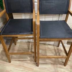 Brand New Set of 2 Acacia Wood Bar Height Patio Stools Black Mesh Seat