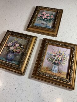 Set of 3 Vintage Floral Framed Prints Cottagecore Wall Art Gold Ornate Frames 