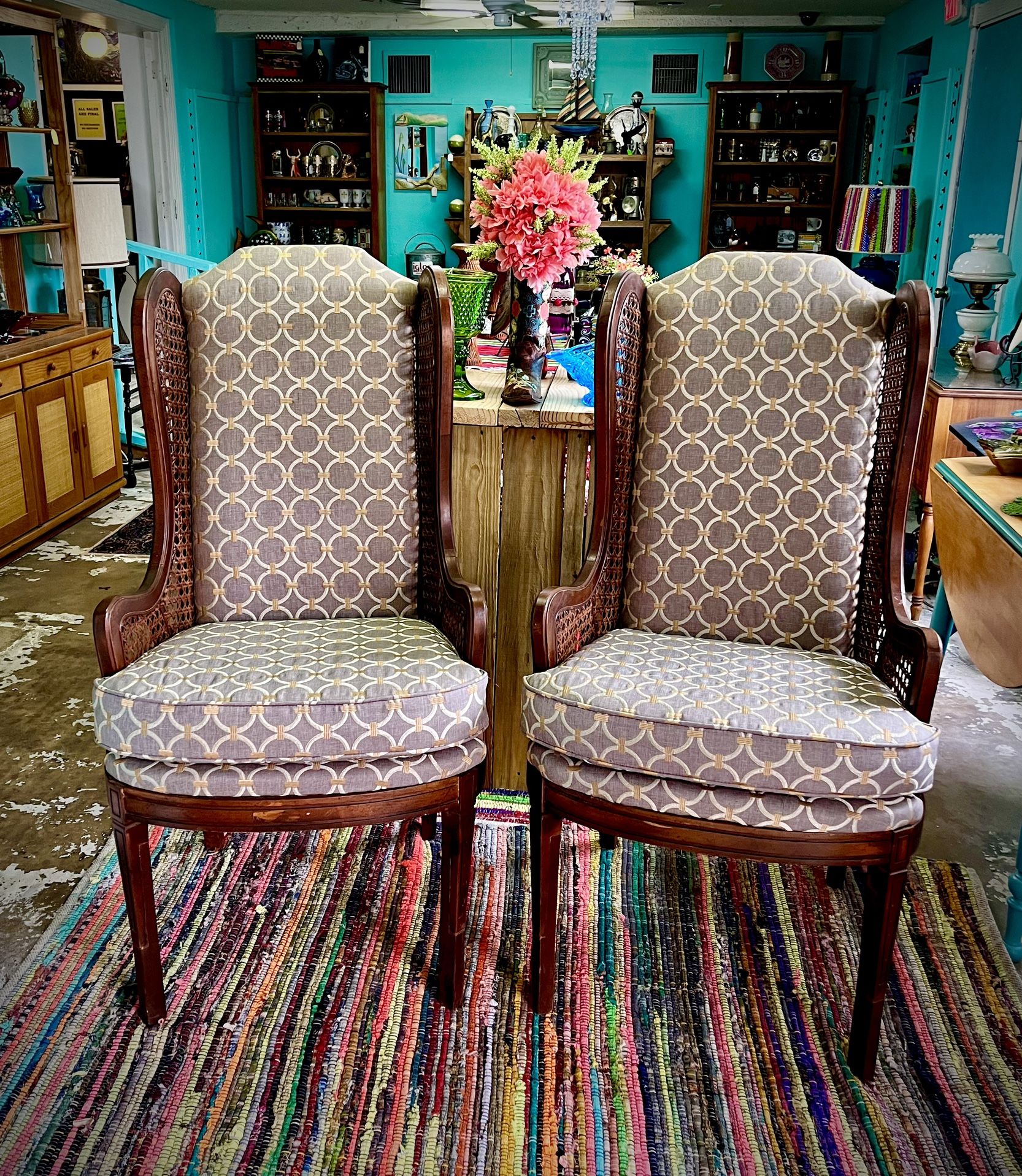 1960’s-70’s Lewittes Furniture Pair Of Wood, Cane And Wing Backed Chairs