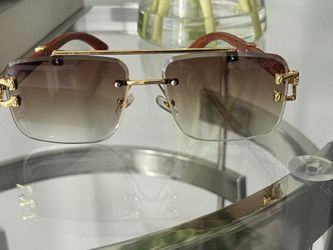 Gold Rimless Wrap Brown Gradient Genuine Horn Sunglasses. With box, clothing & accessories