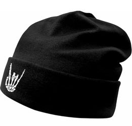Black Slouchy Beanie with White Skeleton Hand Graphic