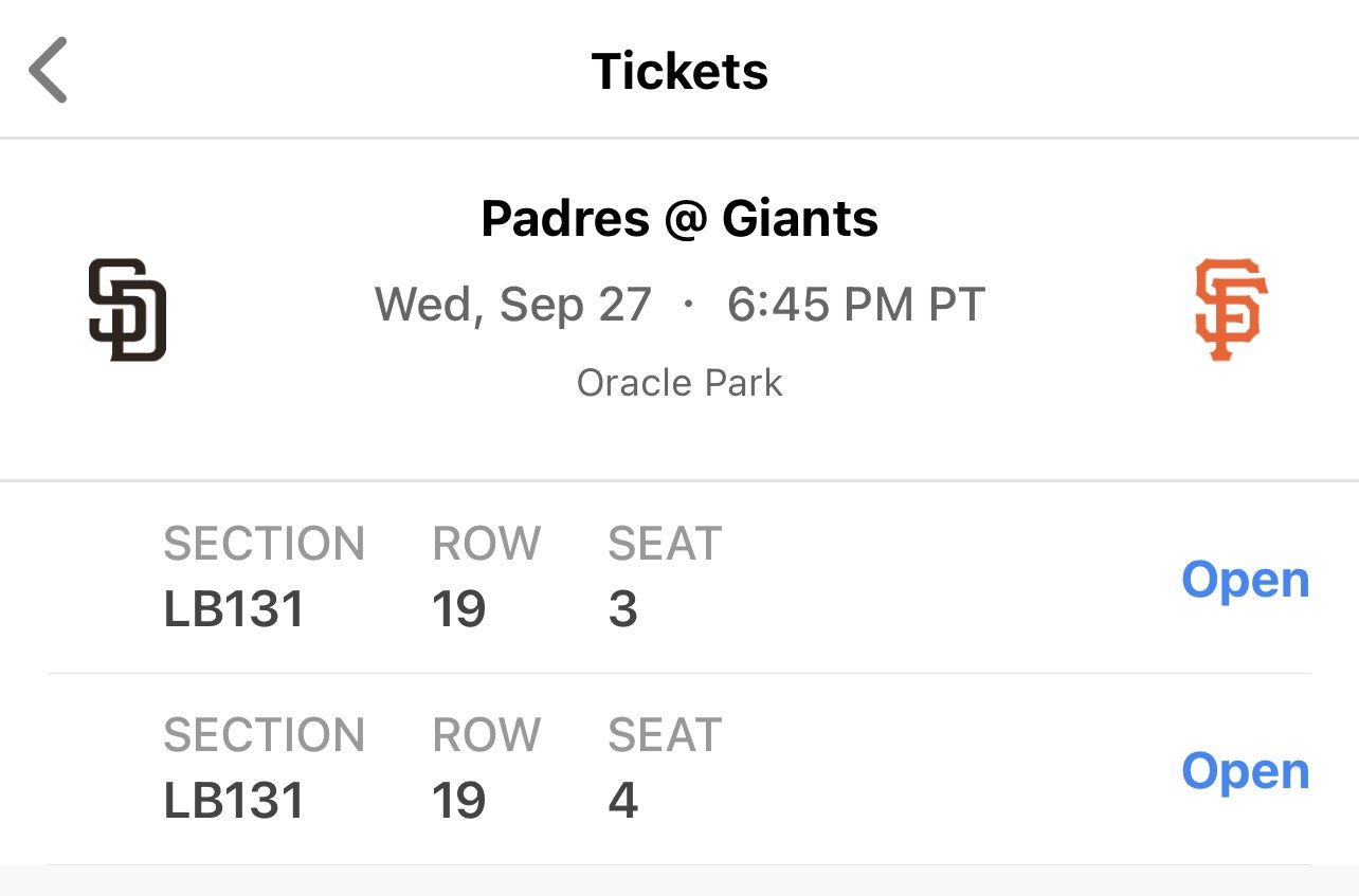 2 TICKETS TO SF GIANTS GAME ON WED 9/27