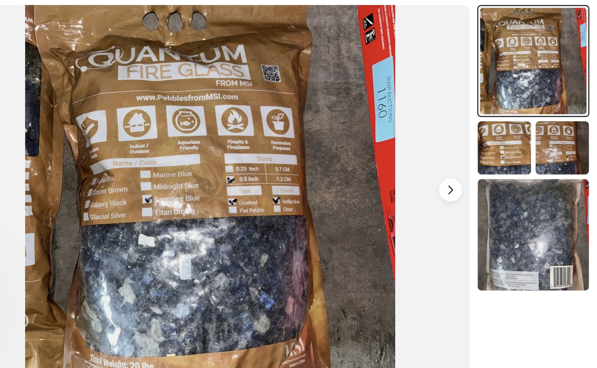 Hi everyone we have 20 bags $30 Each this color also white we this $10 off each bag We have 20 bags 20 lbs sapphire blue fire glass