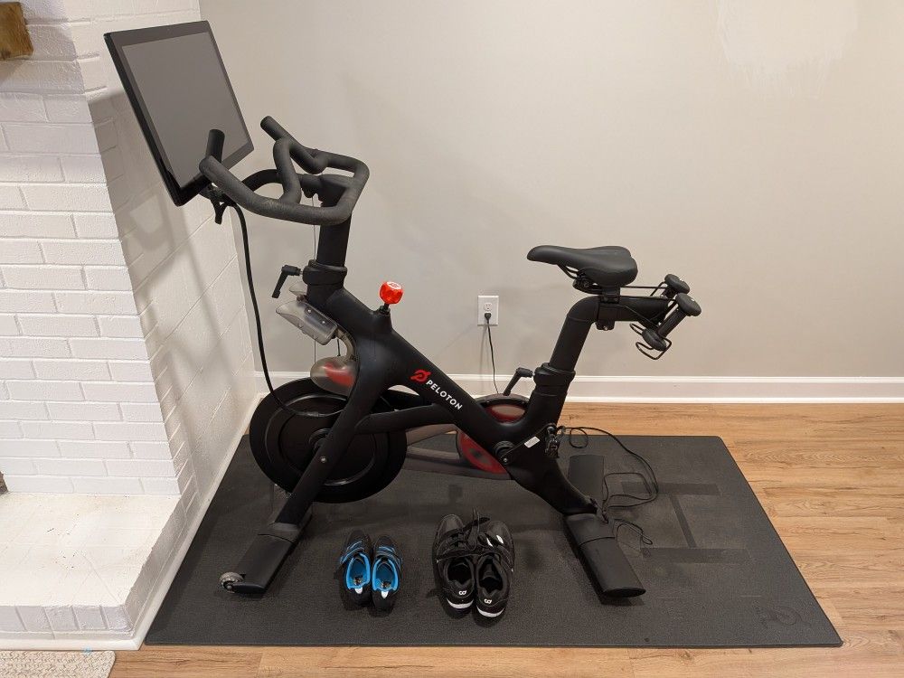 Peloton Exercise Bike, Mat, 3lb weights, Men's, and Women's Shoes