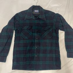 Vintage Pendleton Board Shirt Blue Green Plaid  Surf 100% Virgin Wool Loop 60s70