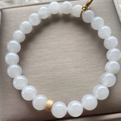 Bracelet  Jade Nephrite white Bead : 7 Mm. With Bead 9 Kgold