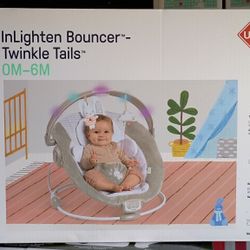 Ingenuity InLighten Twinkle Tails Vibrating Infant Baby Bouncer with Lightning Toy Bar and Pillow