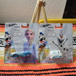 NEW 2023 Hot Wheels Disney 100 Character Cars Frozen   Olaf & Elsa LOT 2