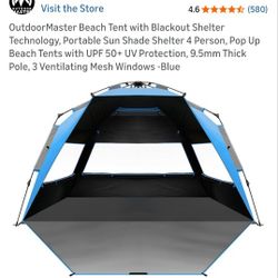 Brand New. OutdoorMaster Beach Tent with Blackout Shelter Technology, Portable Sun Shade Shelter 4 Person, Pop Up Beach Tents with UPF 50+ UV Protecti