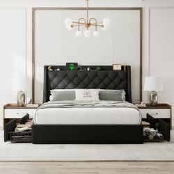 Queen Bed Frame with 4 Storage Drawers, Upholstered Storage Bed with Charging Station, Wingback Storage Headboard, No Box Spring Needed,Black