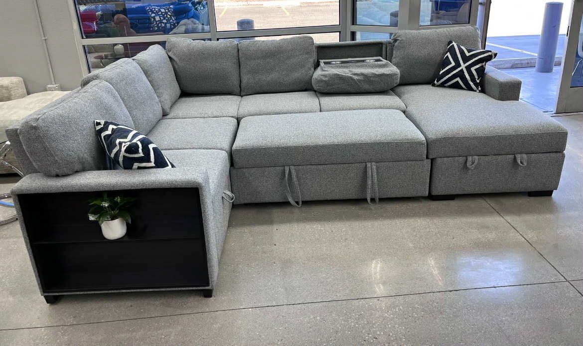 New Sleeper Sofa Sectional W/ Fold Down Table, Chaise Storage, Wireless Charging And Built In Shelf! Free Delivery π!