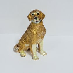 Rare Vintage Golden Retriever Bejeweled Enameled Metal Trinket / Pill Box