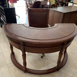 Beautiful semi circular leather top wooden desk with matching swiveling chair- brass details