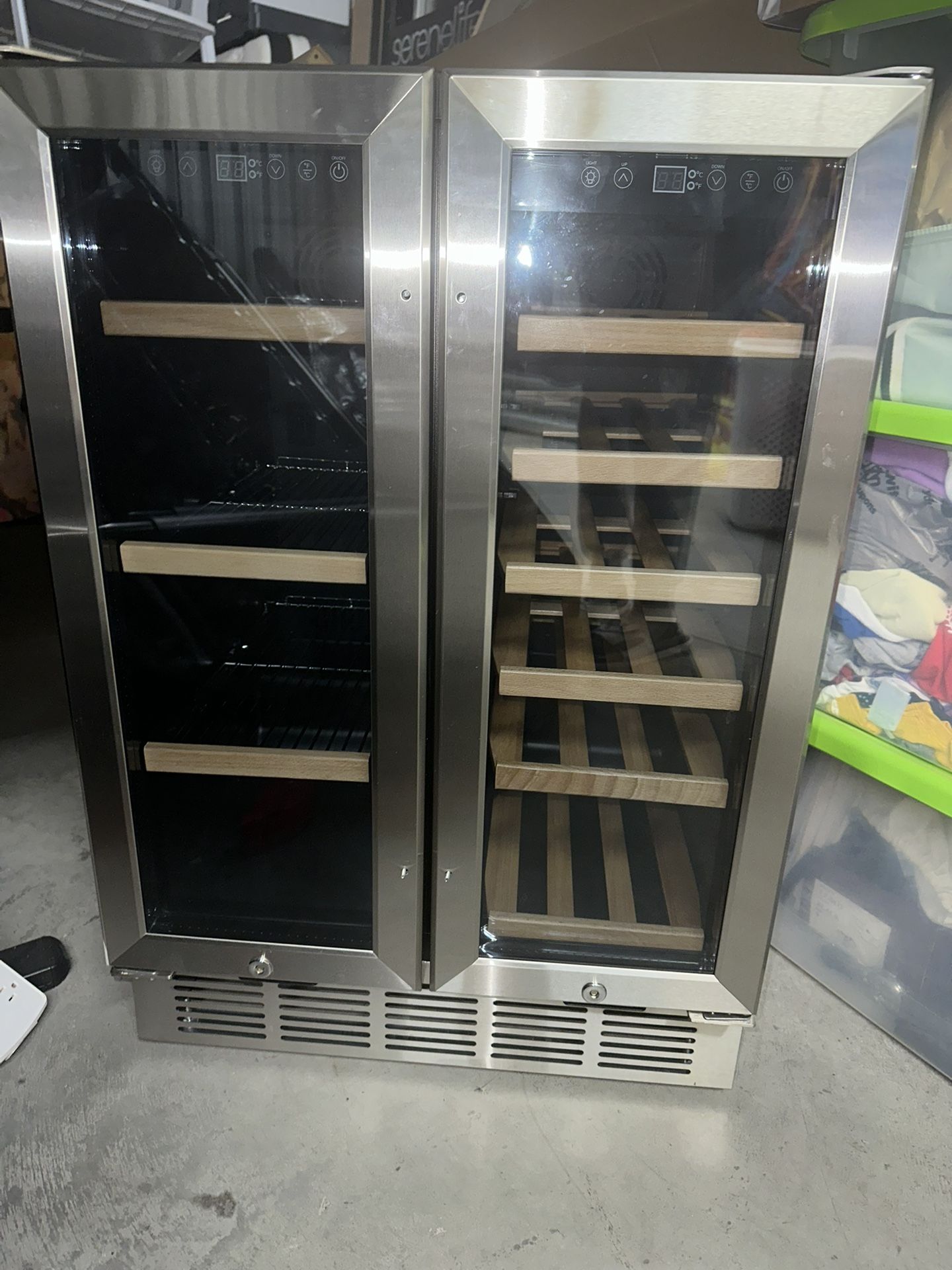 Wine and Beverage Refrigerator With Glass Door 24-inch Dual Zone Wine Fridge Under Counter - 18 Bottle and 65 Can Large Capacity LED Blue Light