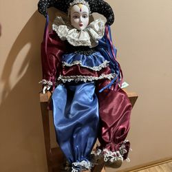 Vtg Porcelain Doll Maurice Jester Sad Clown 23” Maroon & Blue