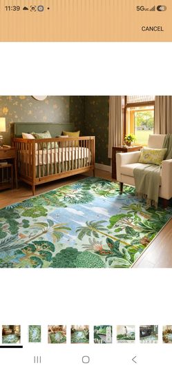 Colorful rug with a tropical forest design.