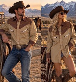 COOFANDY Men's XL Embroidered Western Cowboy Shirt Tan Brown