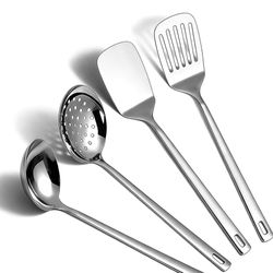 Stainless Steel Kitchen Utensils Set, 4-Piece – Slotted Turner, Solid Turner, Skimmer & Ladle – Rust-Resistant, Long Handle, Hanging Loop, Dishwasher 