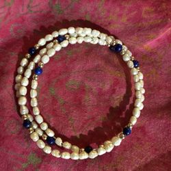 Lapis, gold and pearl adjustable bracelet