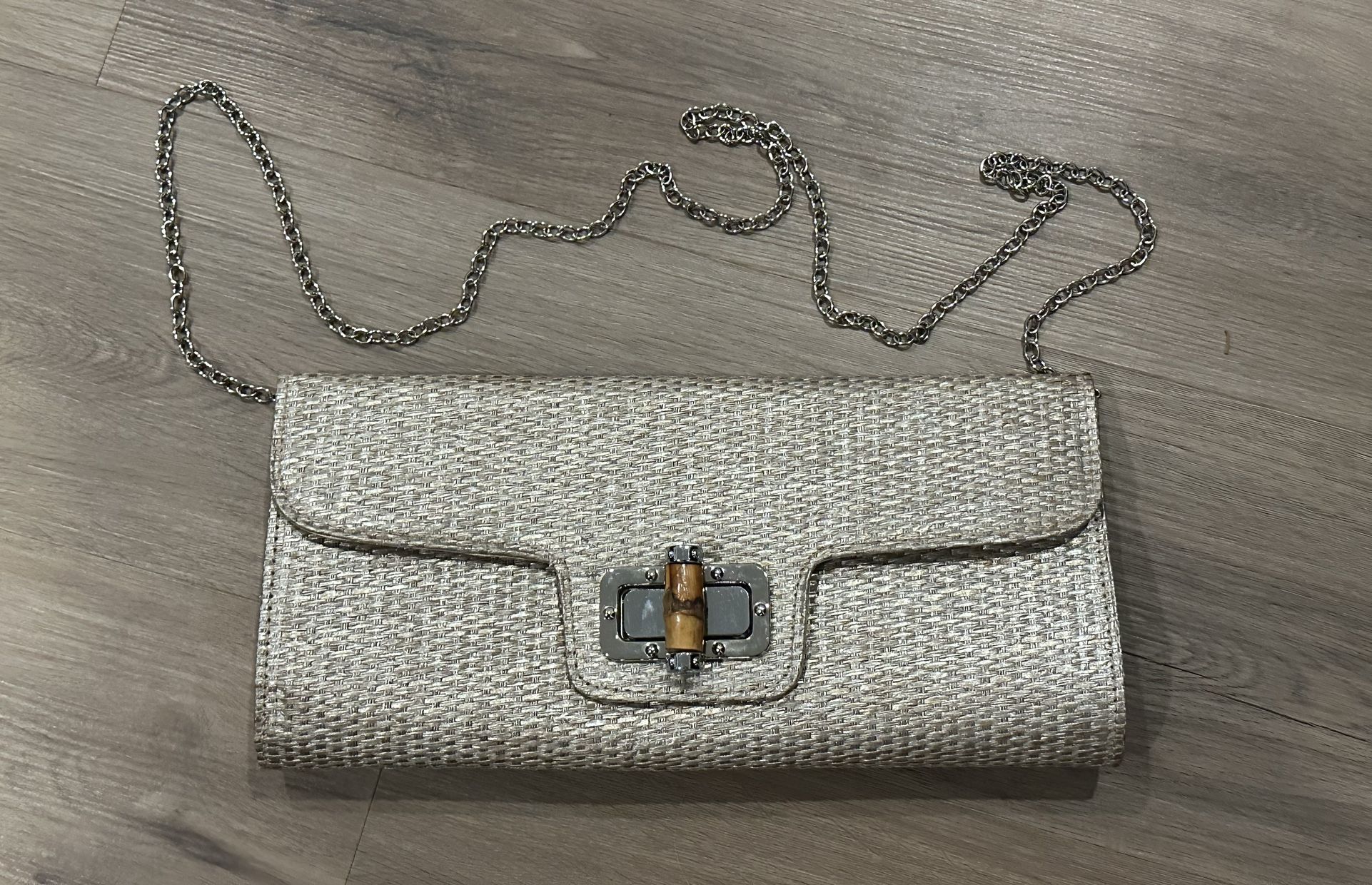 Woven Straw Gold Clutch with Bamboo Closure and removable chain w/ shoulder strap