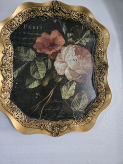 Beautiful Large Gold Tray With FlorL Decoupage Comes All Ready To Hang On Your Wall