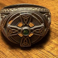 STERLING CELTIC CROSS Ring Vintage 925 Silver-Gold Accent-Green Emerald-Franklin Mint - RARE