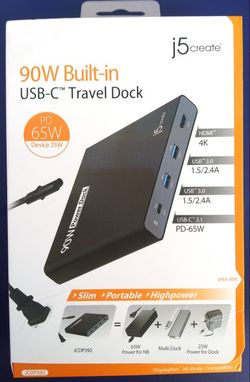 J5Create 90W Built-In USB-C Travel Dock Brand New