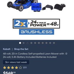 Kobalt 2×24V (48V total) 20 in brushless self-propelled cordless lawn mower kit with two 24V 5Ah batteries. This is a brand-new, never opened unit shi