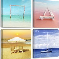 Beach Decor - Ocean Wall Art for Office Bathroom Teen Girl Bedroom Decorations Blue Pink Yellow Sky Blue Beachy Picture Trendy Posters Canvas Prints S