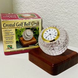 VTG 90s Crystal Golf Ball Clock with Wood Base Battery Operated Open Box New