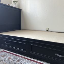 Andover Oak brown wood frame Twin panel platform bed with headboard and 2 under bed storage drawers 