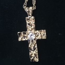 Gold Nugget Style CROSS with 19.5 inch Spiral Wheat Chain Necklace & 1.25 Carat Crystal/Clear Stone