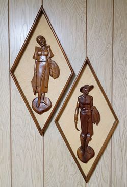 Mid Century Vintage MCM Filipino Teak & Carved Man & Woman Pair Farmers Set Burlap Diamond Frames