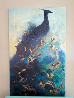 Large Pier 1 Peacock Watercolor Printed and Painted Canvas Wall Art Painting