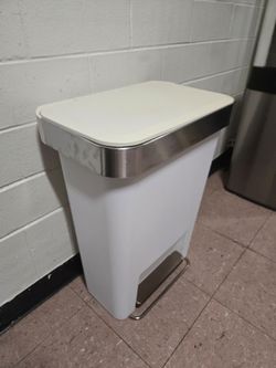White Step Trash Can with Stainless Steel Trim
