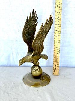 Antique Rare Find 12” Solid Brass Eagle Perched On A Ball
